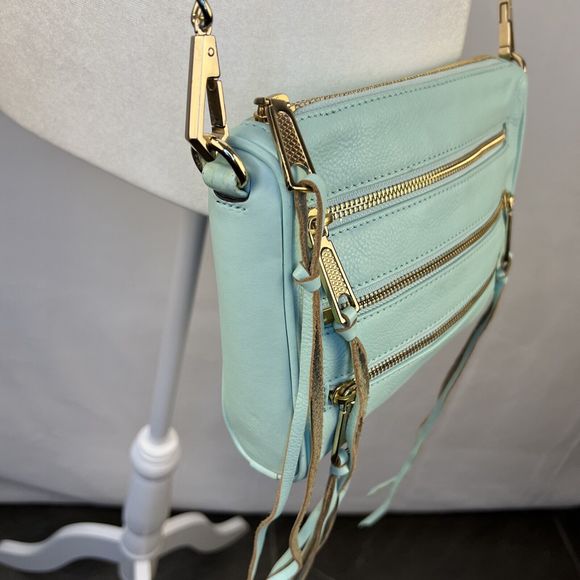 Rebecca Minkoff Crossbody Mini Bag Leather Purse Studded 5 Zip Mint Clutch Tote - Picture 12 of 16
